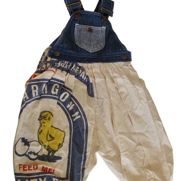 Vintage Y2K Upcycled Feed Sack Overalls Toddler Size 18M Happy Kids Yellow Chick
